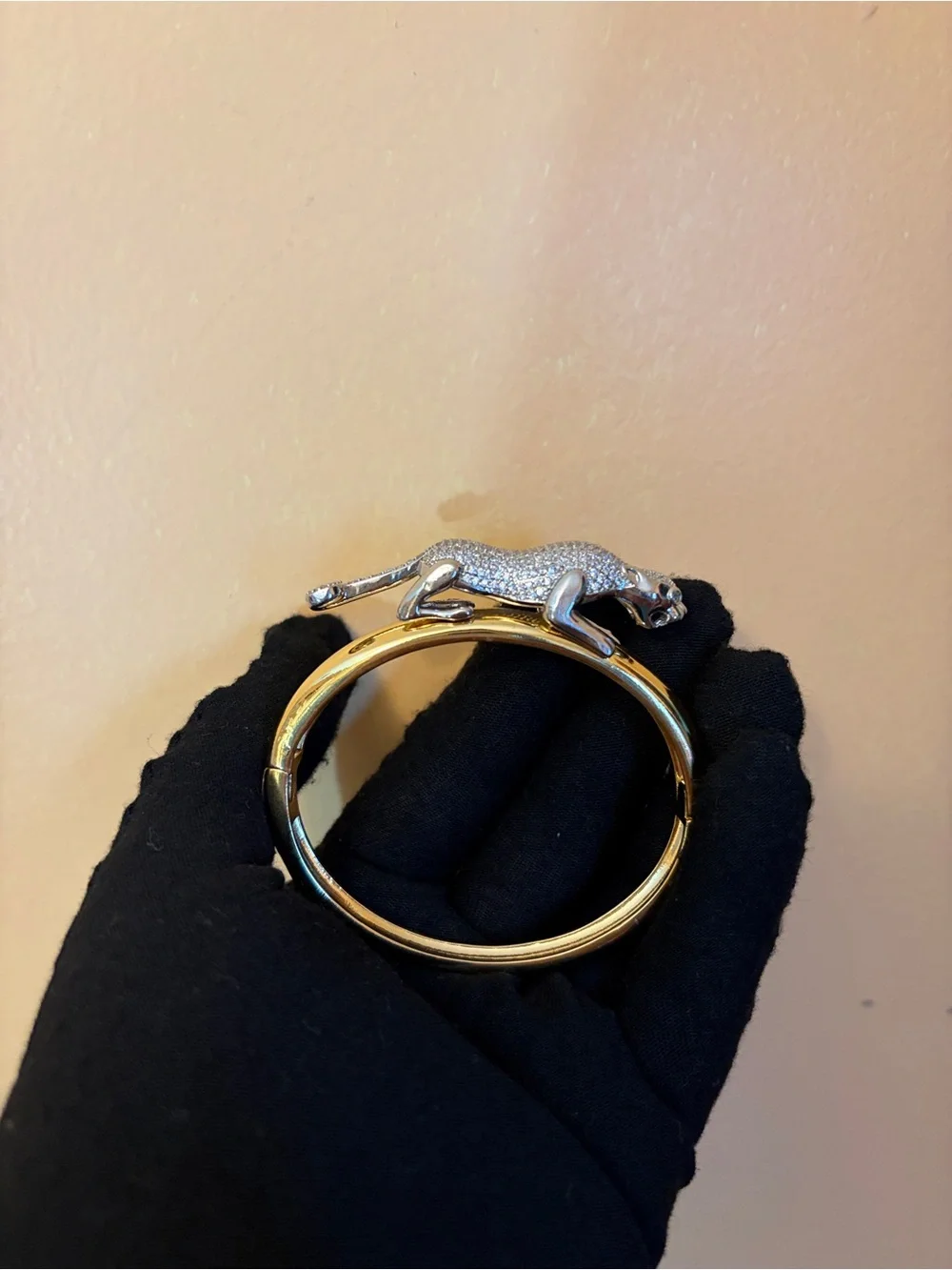 Gold Tone Sabyasachi Fashion Bracelet and Ring with Pave Crystal Leopard Accent
